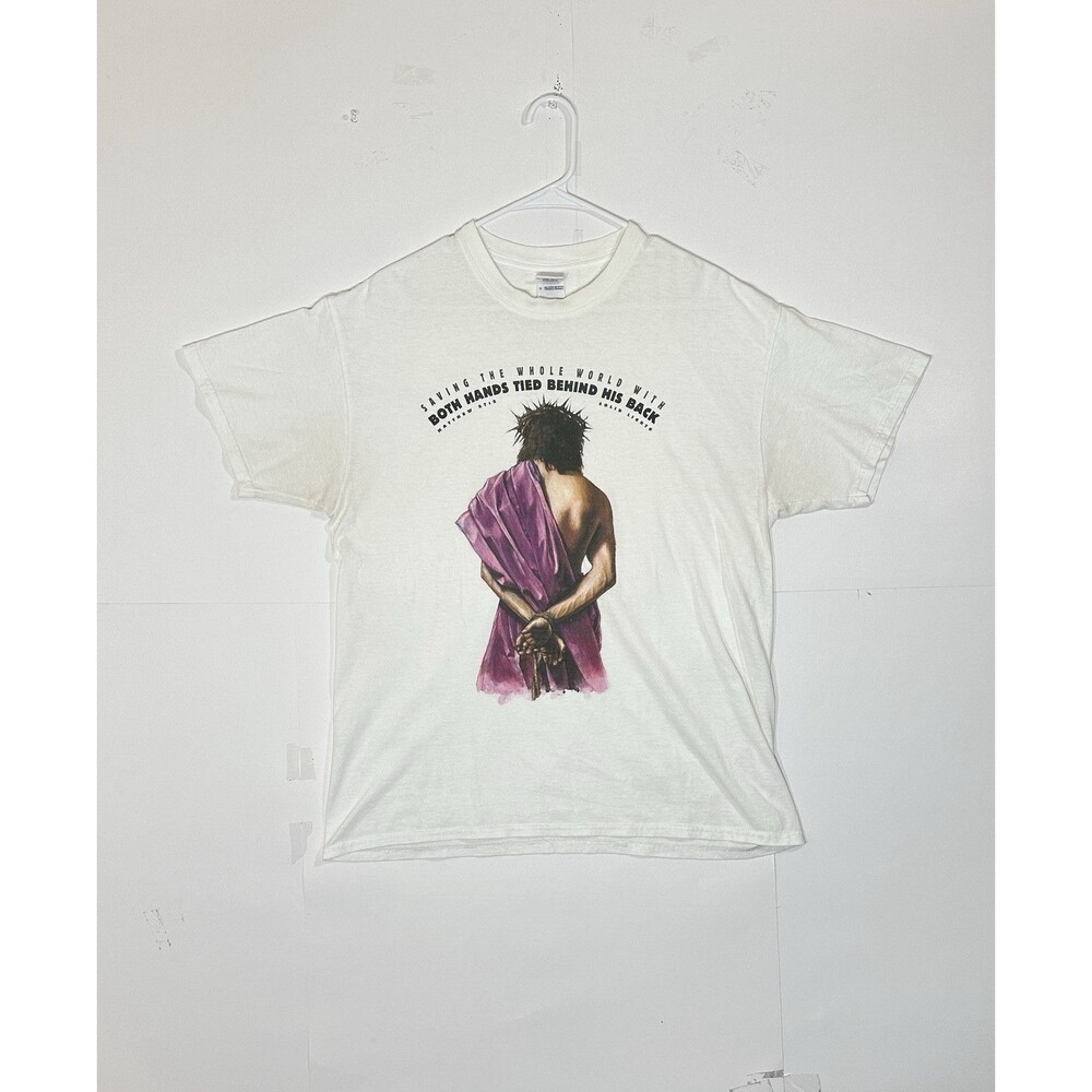 VTG Saving World Jesus Christ Bible Verse God Religion Lord T-shirt Sz Large Y2K